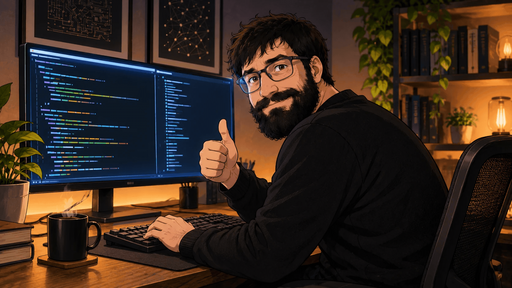 Anime-style Richard, with dark hair, a full beard and glasses, hunched over a terminal keyboard and giving the viewer a thumbs up.