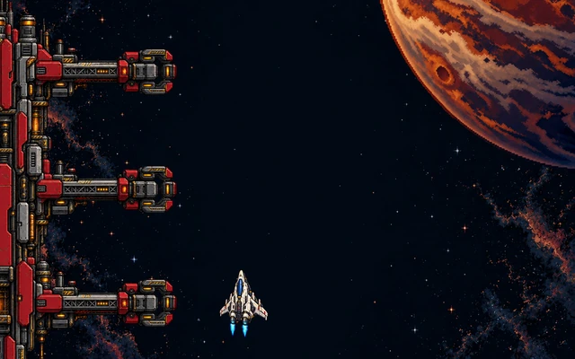 The painted Vector ship banking with animated cyan exhaust.