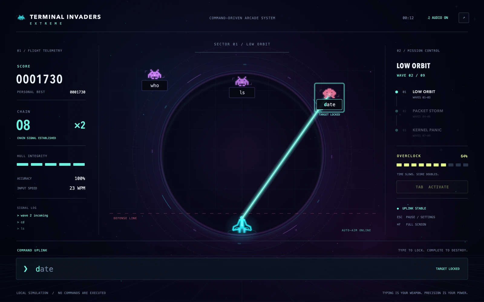 Early Terminal Invaders build with a sparse neon playfield, command targets and telemetry.