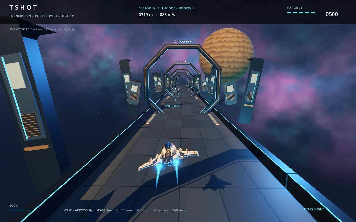 TerminalShot’s volumetric ship flying through cyan-lit station gates in the separate 3D perspective-flight study.