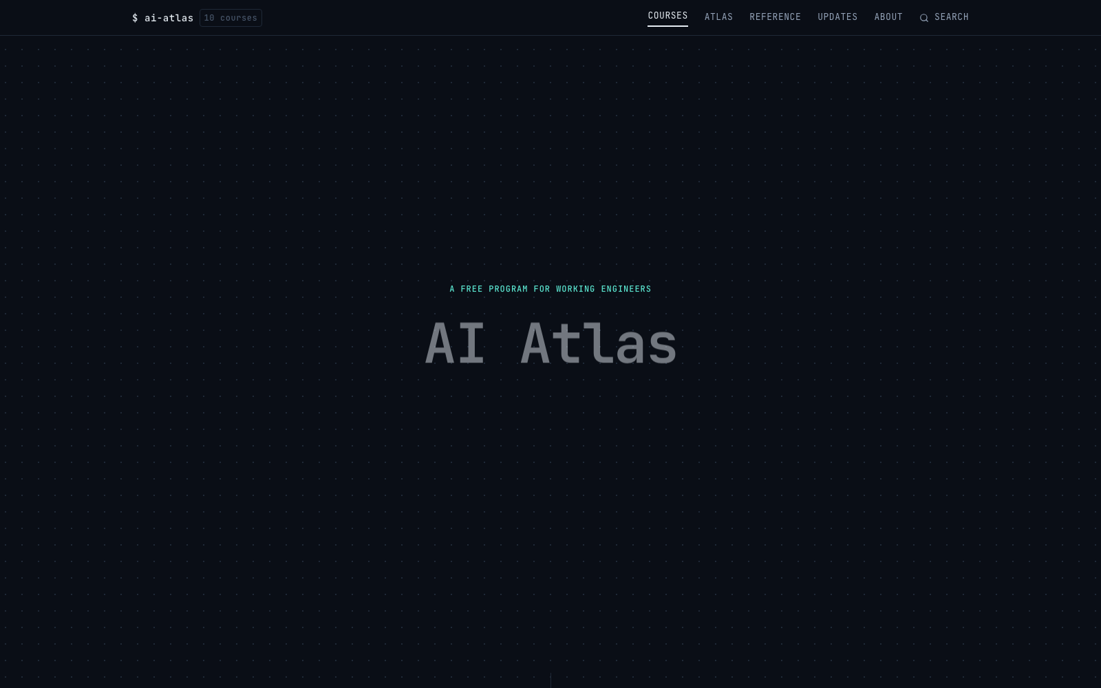 AI Atlas homepage with ten-course curriculum overview and public course navigation.