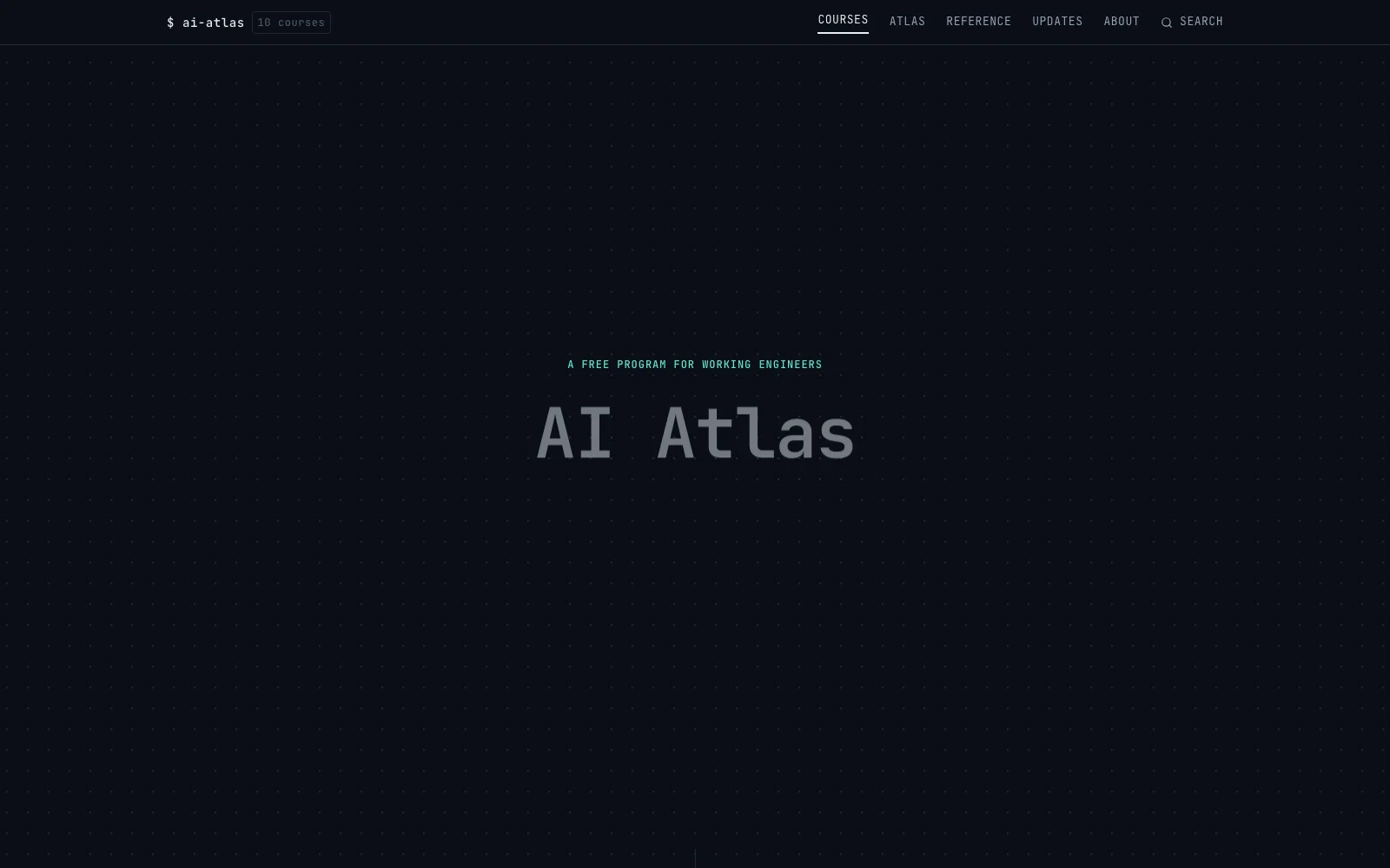 AI Atlas homepage with ten-course curriculum overview and public course navigation.