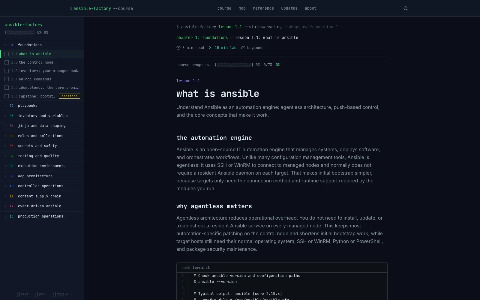 Ansible Factory lesson reader with sidebar navigation, lesson metadata, command examples, and progress controls.