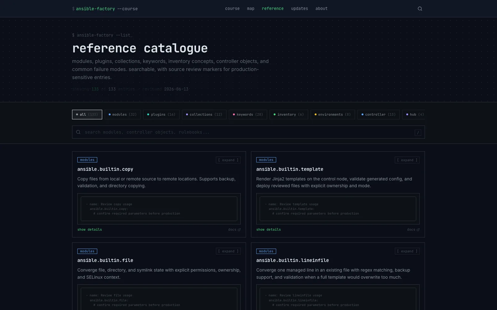 Ansible Factory reference catalogue with searchable Ansible resources, categories, and source freshness details.