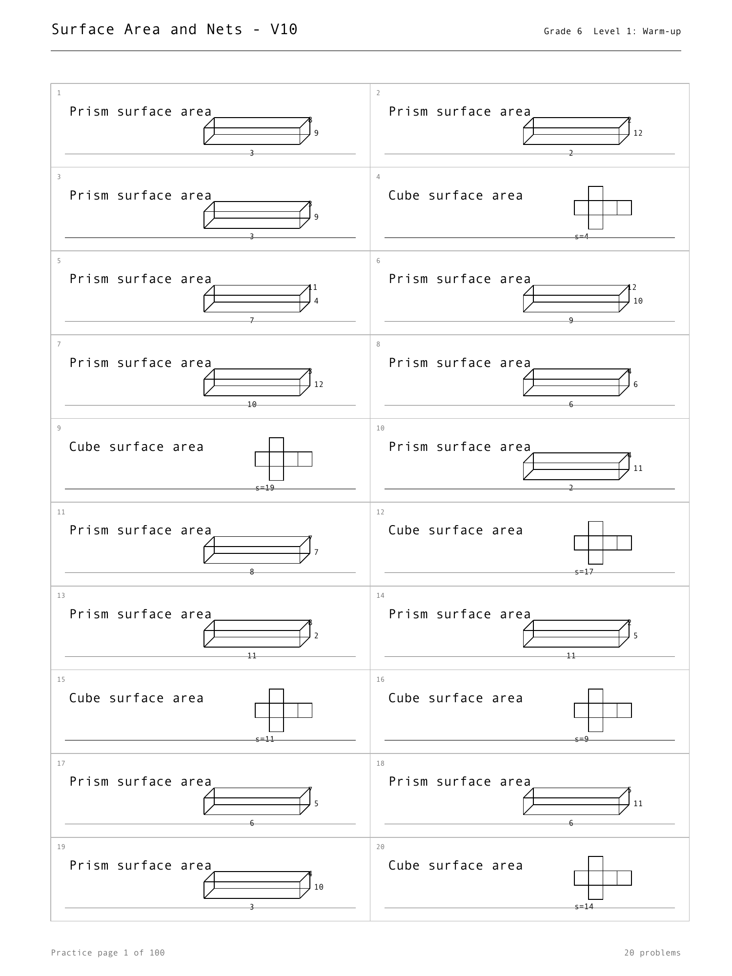 Boox Custom Templates rendered surface-area practice page with black-line visual models.