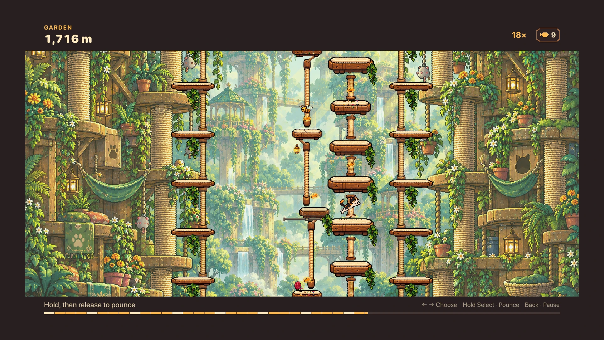 Cat Climber Apple TV garden scene with layered wooden towers, a jumping cat, fish treats and remote pounce controls.