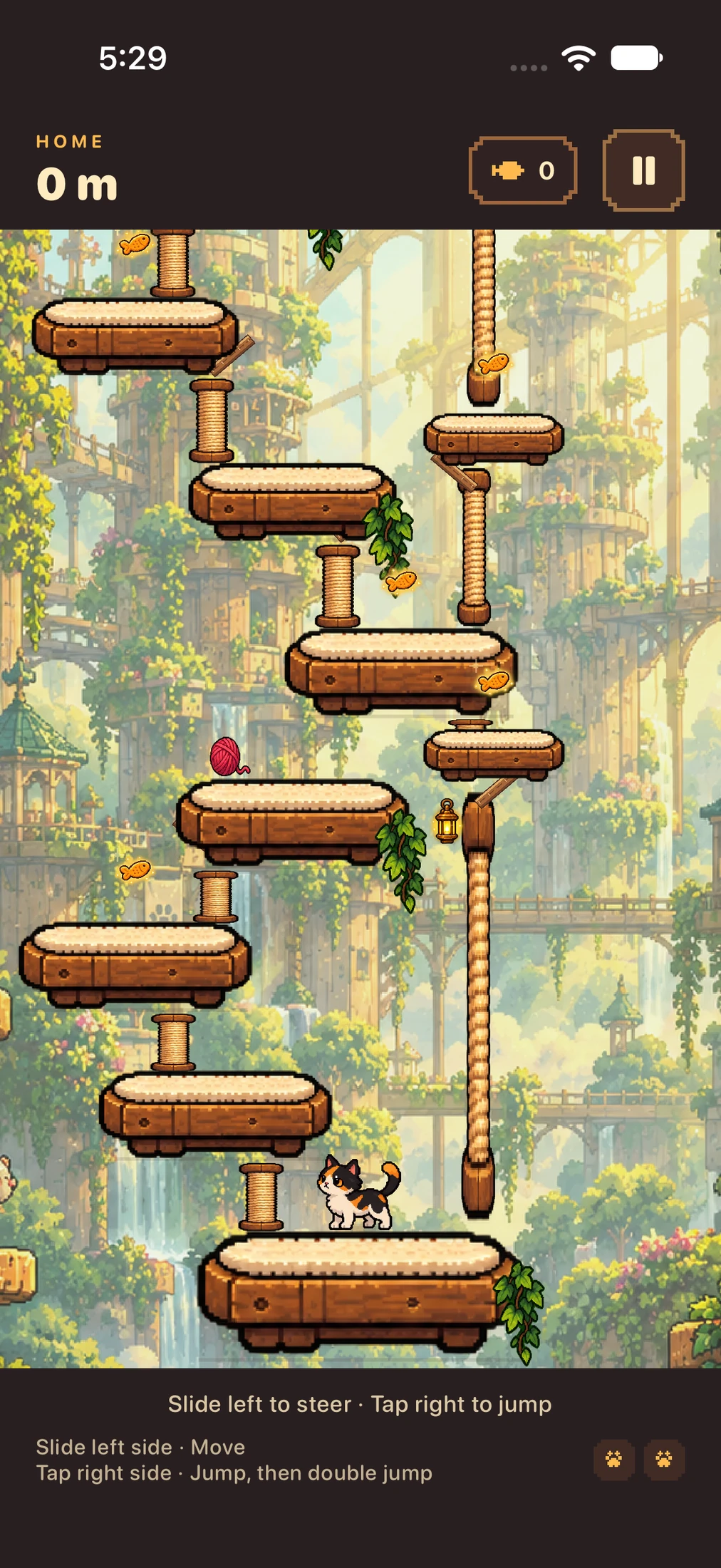 Cat Climber native iPhone game with a calico cat on wooden perches and instructions to slide left to steer and tap right to jump.