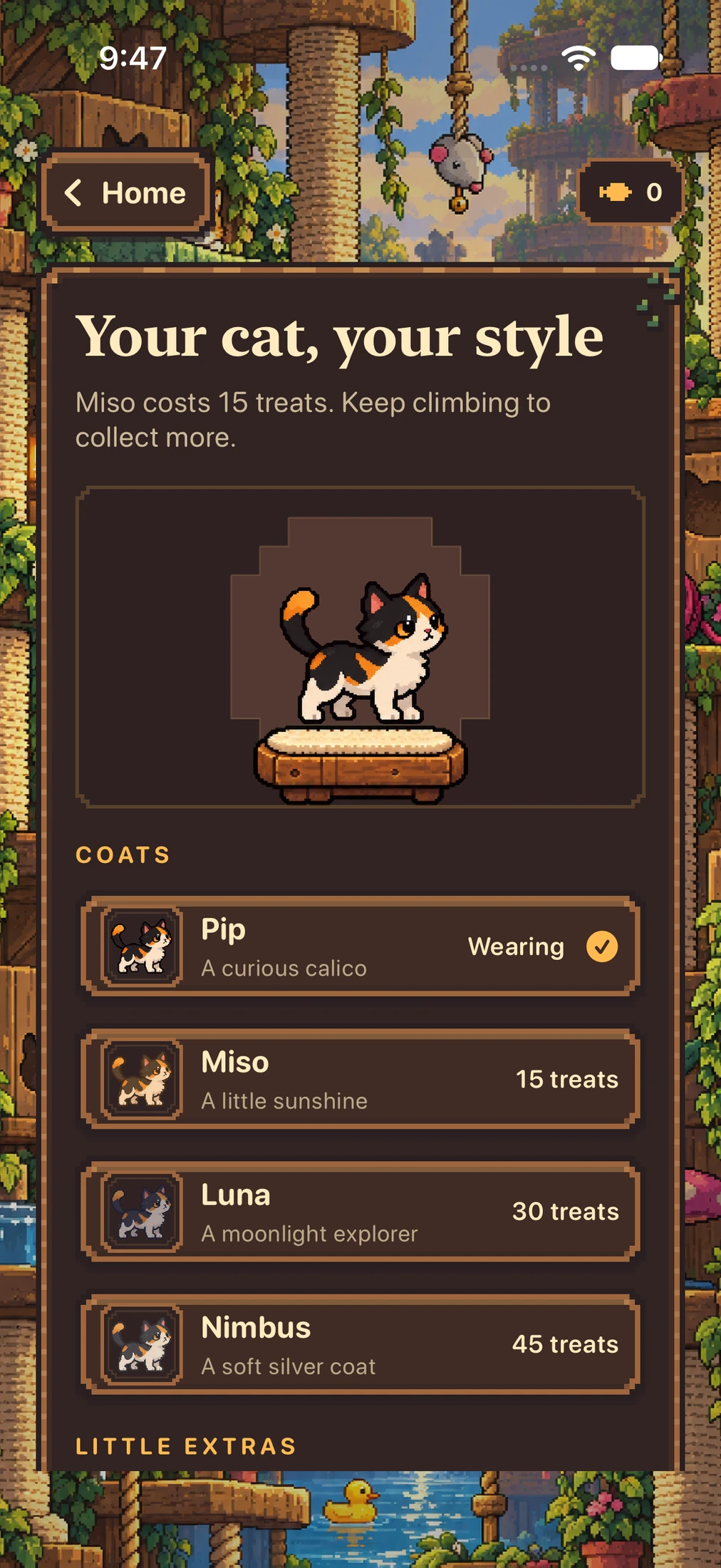 Cat Climber native wardrobe with Pip the calico cat and cosmetic coats purchased using fish treats.