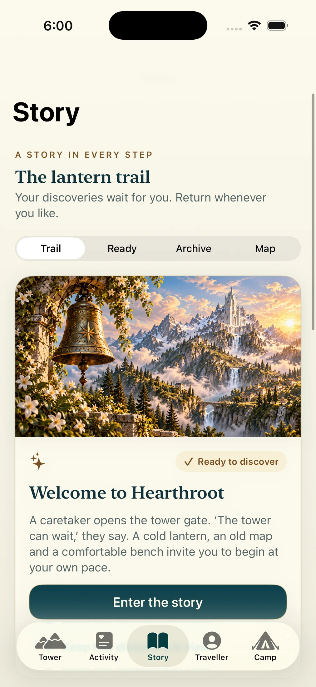 Climb the Tower’s Story screen with a bell above the mountain sanctuary and a Welcome to Hearthroot encounter ready to enter.
