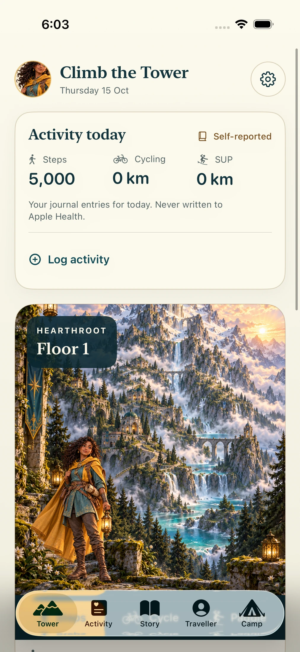 Climb the Tower’s native iPhone screen with self-reported activity above an illustrated traveller and mountain sanctuary at Hearthroot Floor 1.