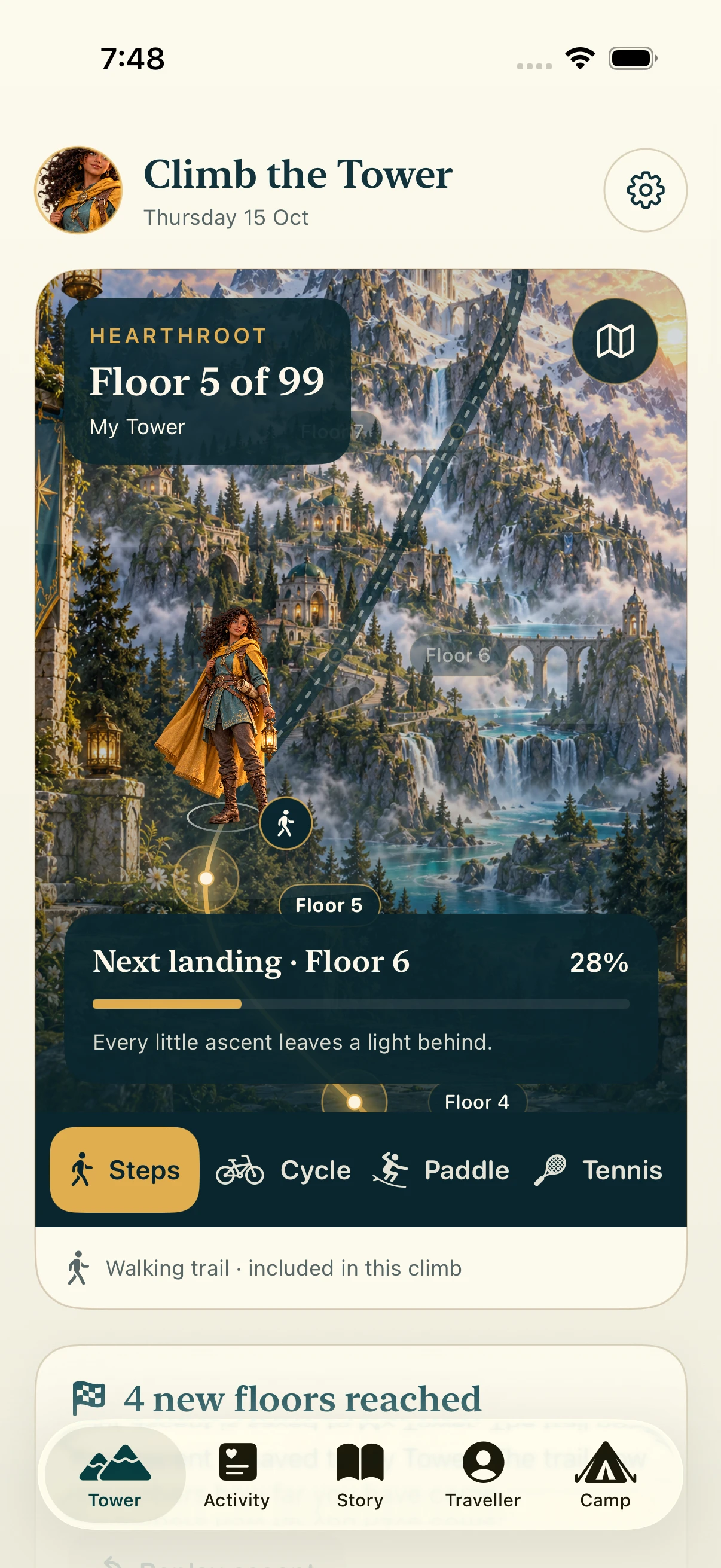 Climb the Tower at Floor 5, with a traveller on the mountain trail, illuminated completed landings and a choice of activity climbs.