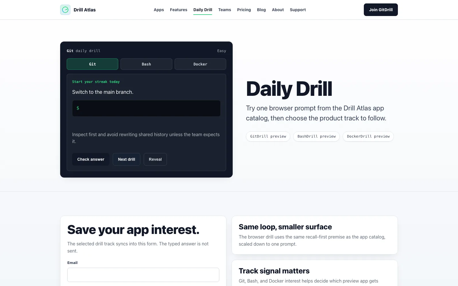 Drill Atlas Daily Drill page with command-practice prompt and habit loop.