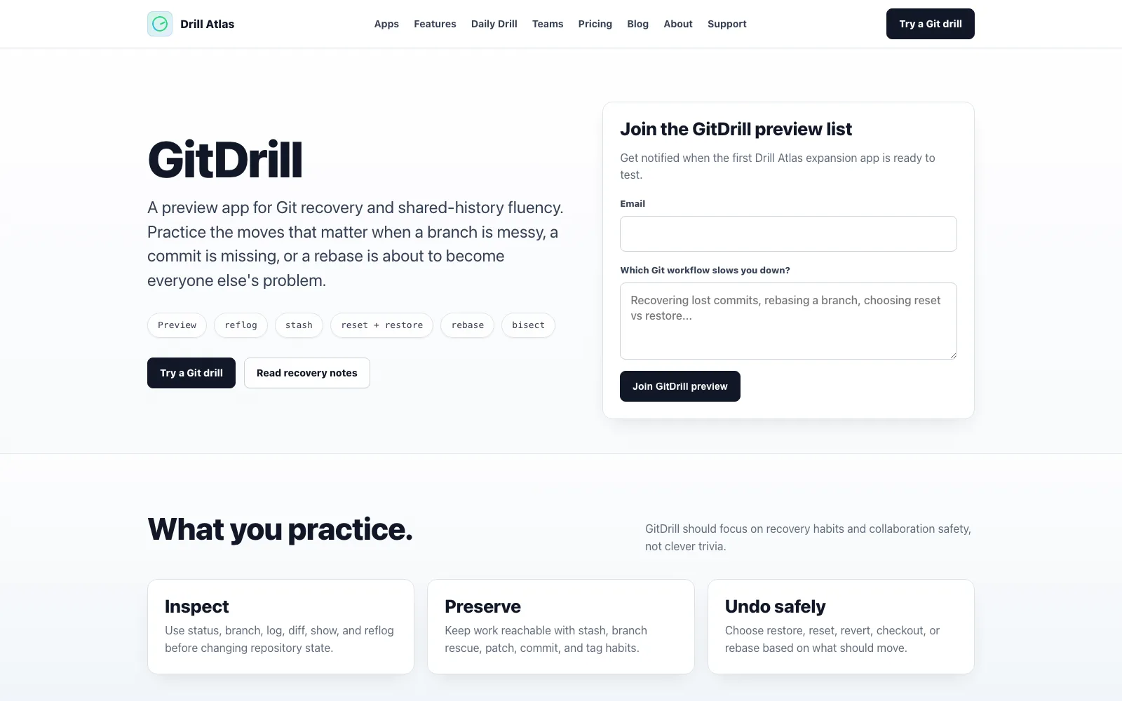 Drill Atlas individual Git drill product page with command-practice details.