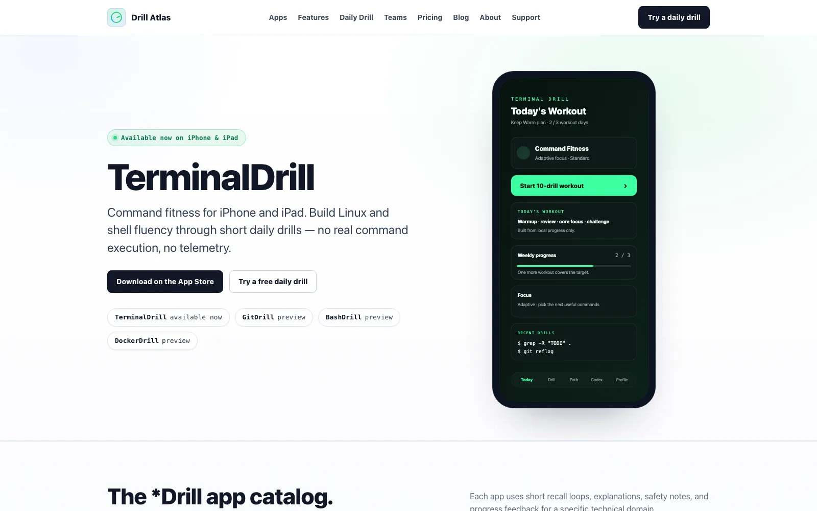 Drill Atlas homepage showing the command-practice product story.