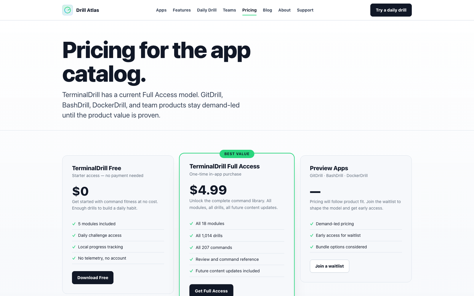 Drill Atlas pricing page with commercial packaging for drills and teams.