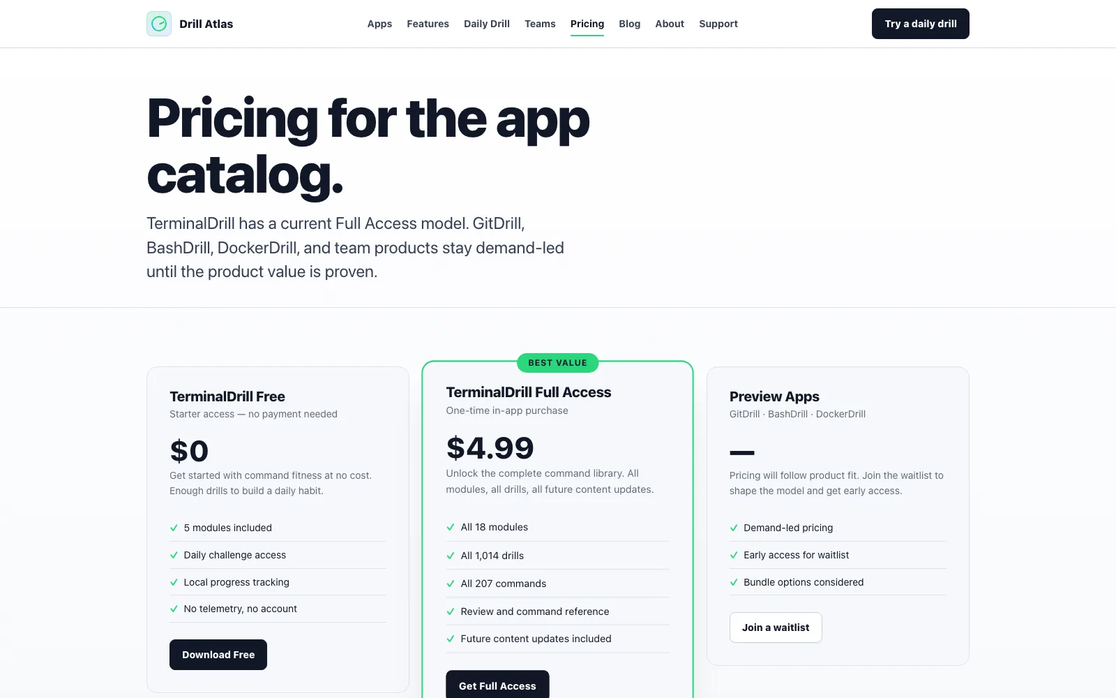 Drill Atlas pricing page with commercial packaging for drills and teams.