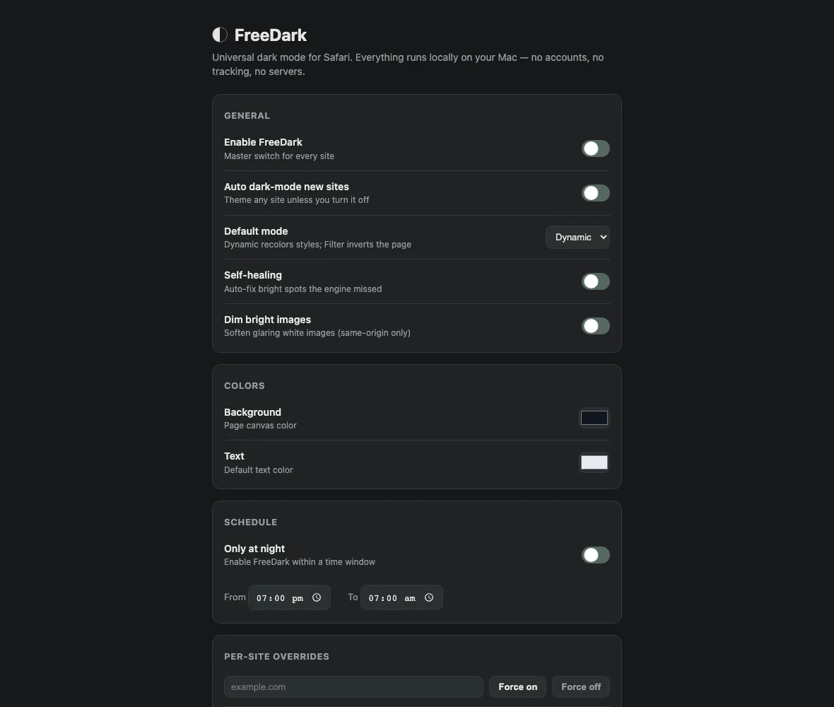 FreeDark options page with appearance settings and per-site controls.