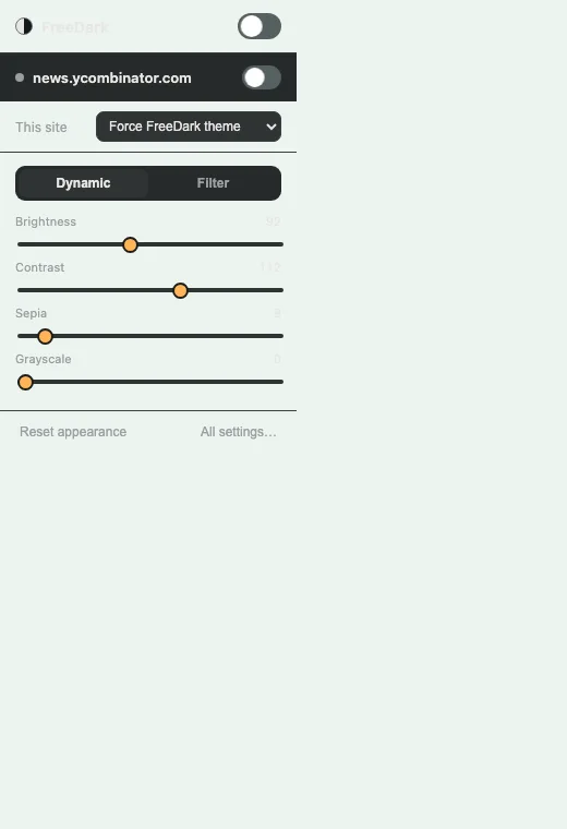 FreeDark Safari toolbar popup with global toggle, site controls, and quick settings.