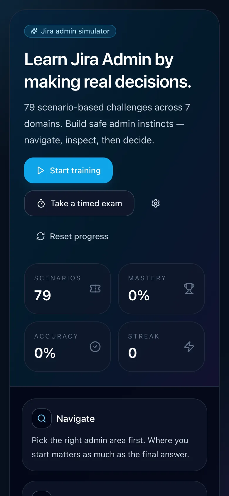 Jira Admin Simulator mobile landing page with the same overview stacked for a phone viewport.