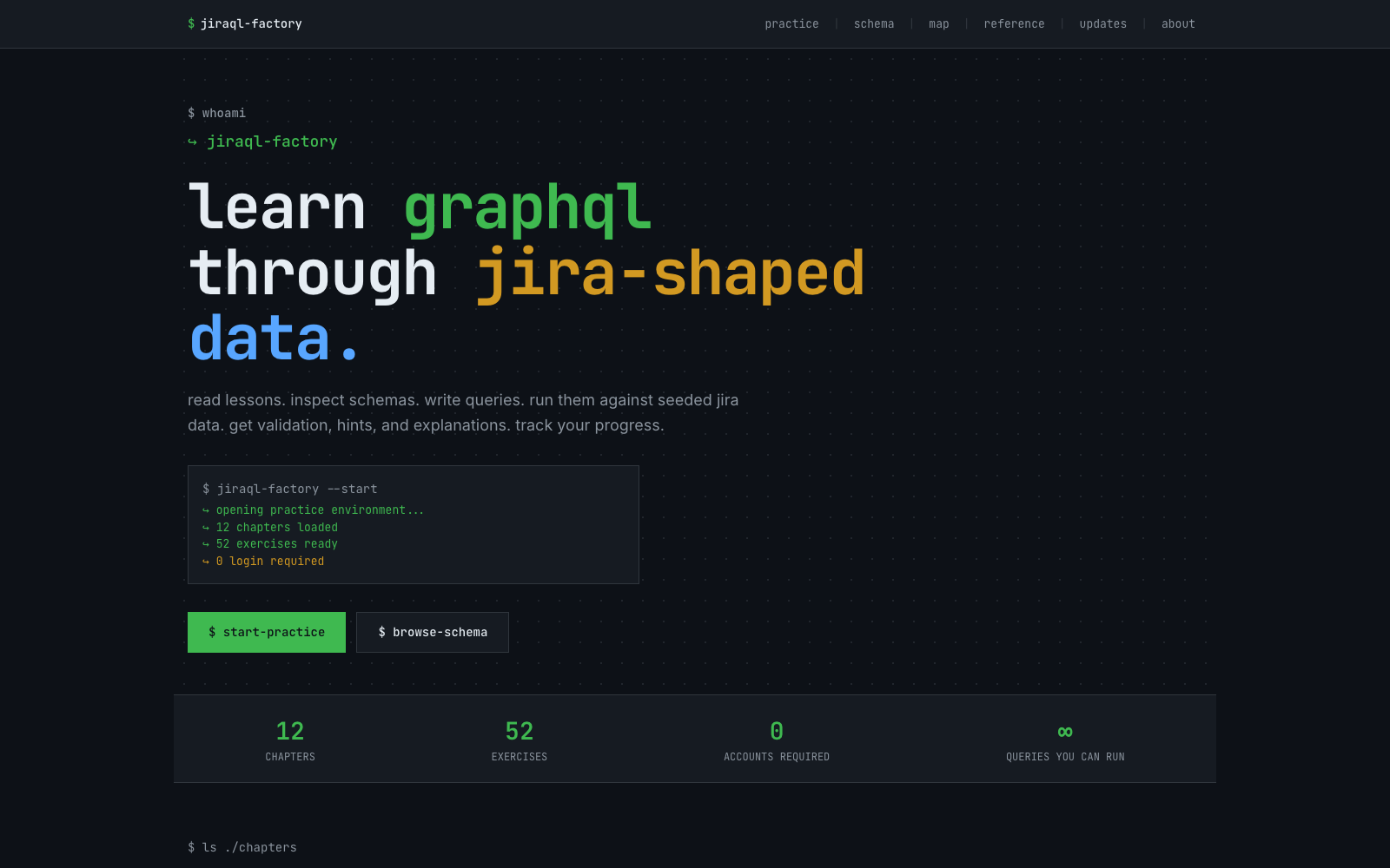 JiraQL Factory homepage introducing the GraphQL practice app and Jira-style learning model.