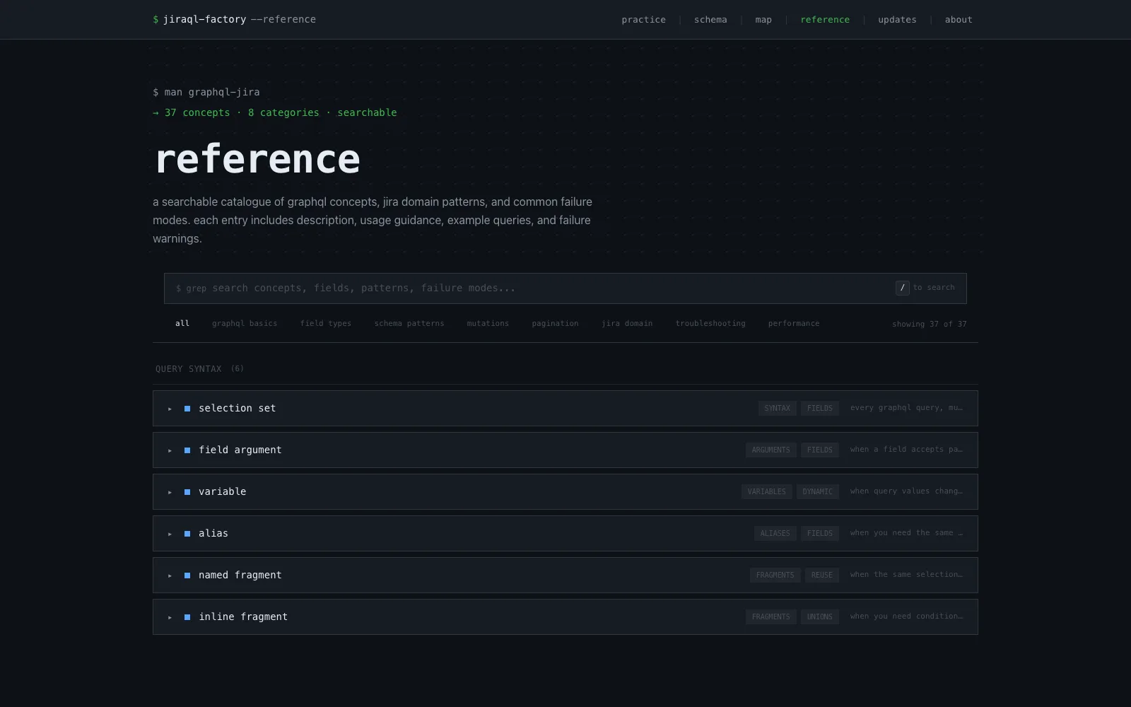 JiraQL Factory reference search page for GraphQL concepts, patterns, and examples.