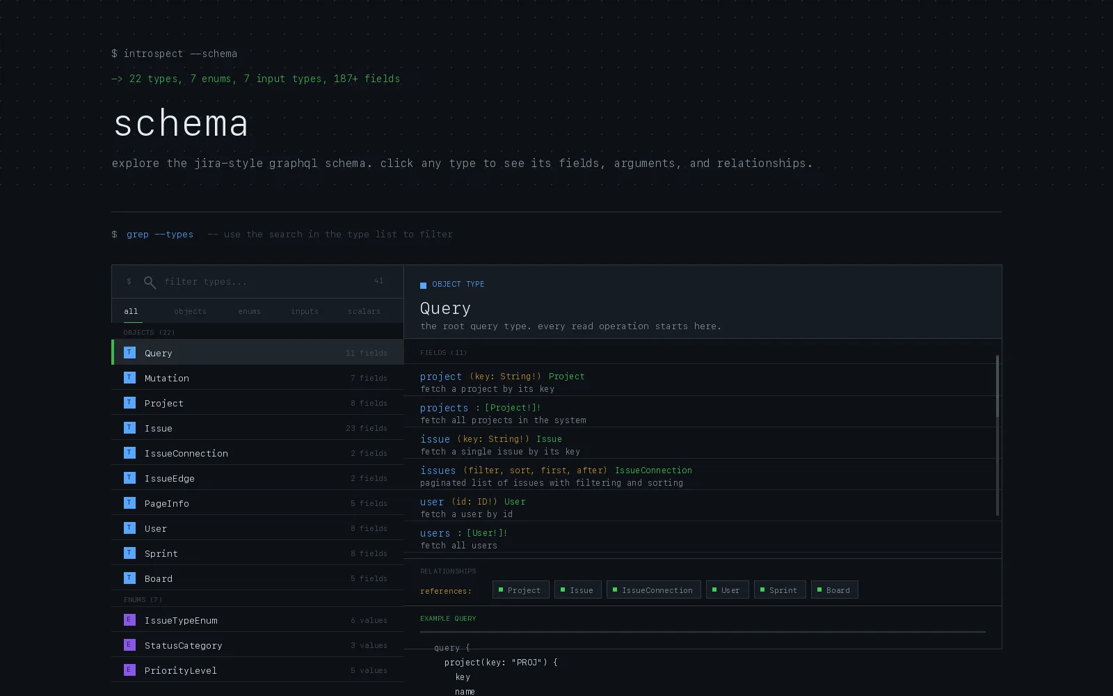JiraQL Factory schema browser showing Query fields, schema types, arguments, and learning notes.