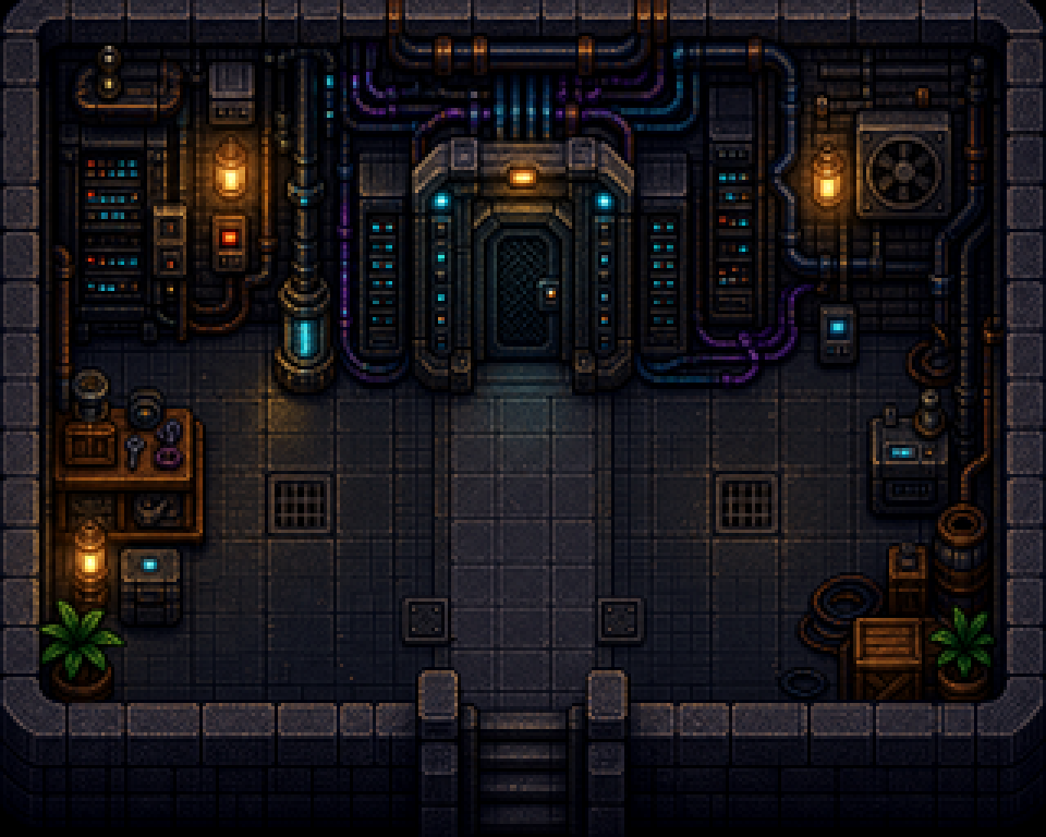 Just Richard runtime scene showing the Undergrid server rack entrance.