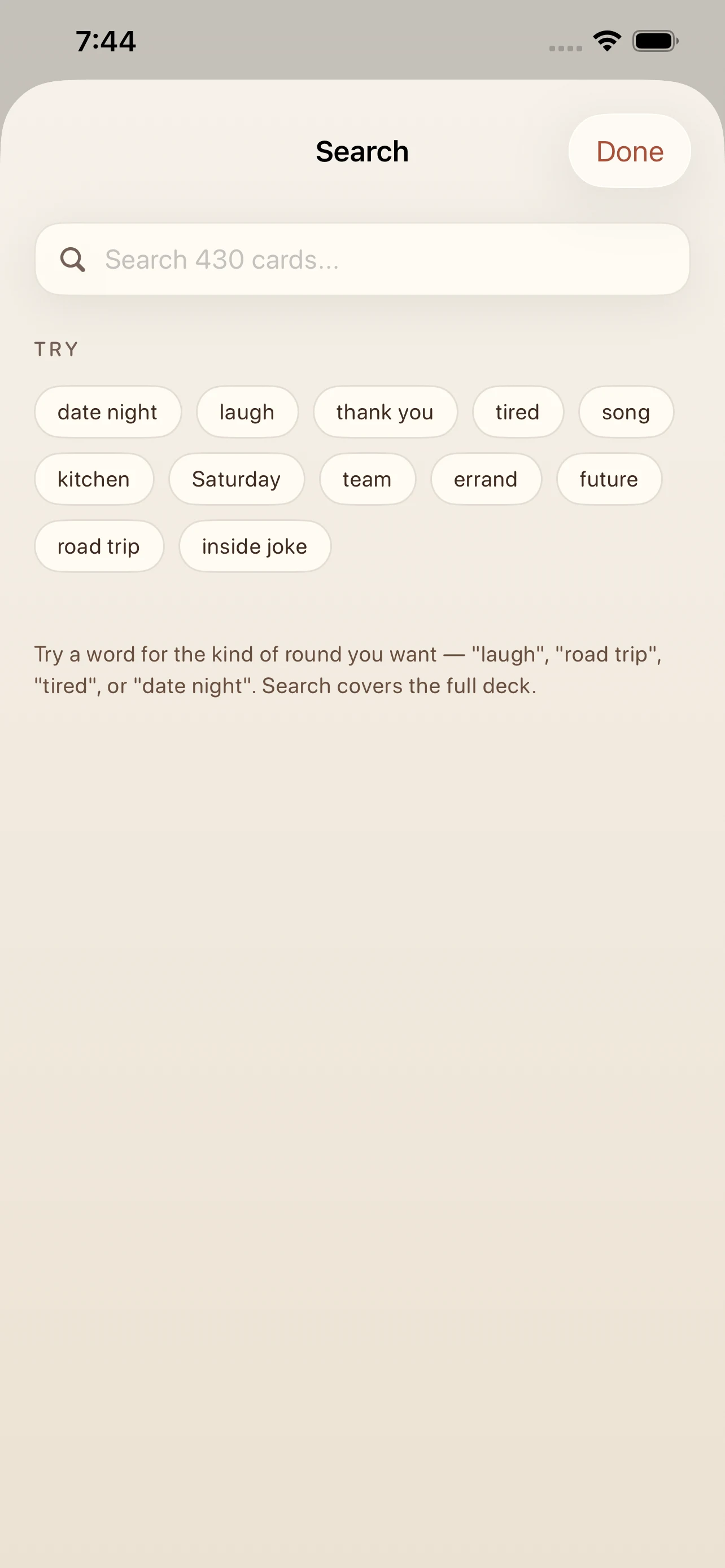 Us Again Browse tab with all card categories and local deck navigation.