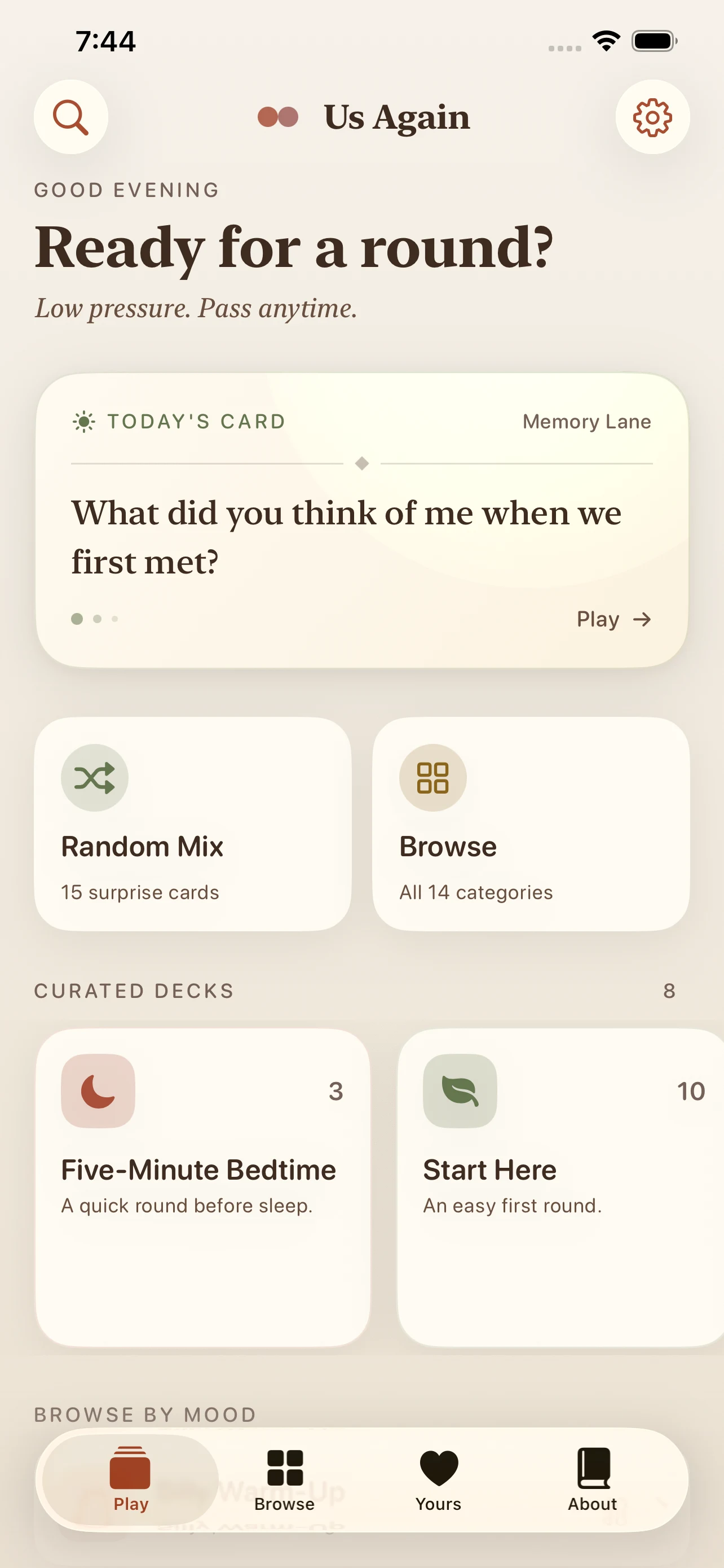 Us Again home screen with a time-aware greeting, Today's Card, and curated decks.