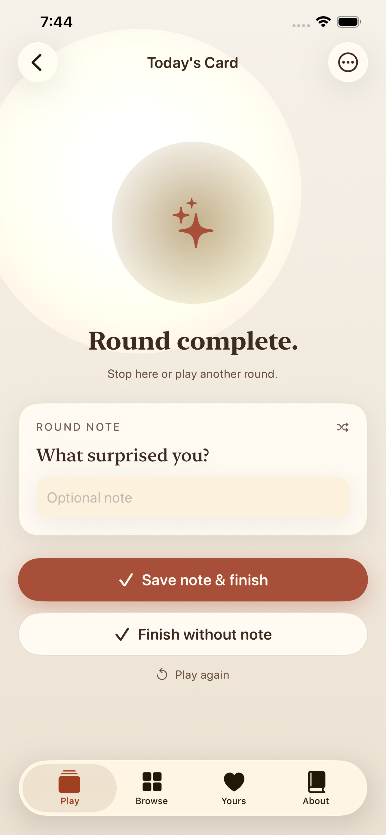 Us Again finished-round summary screen with an optional private note and replay actions.