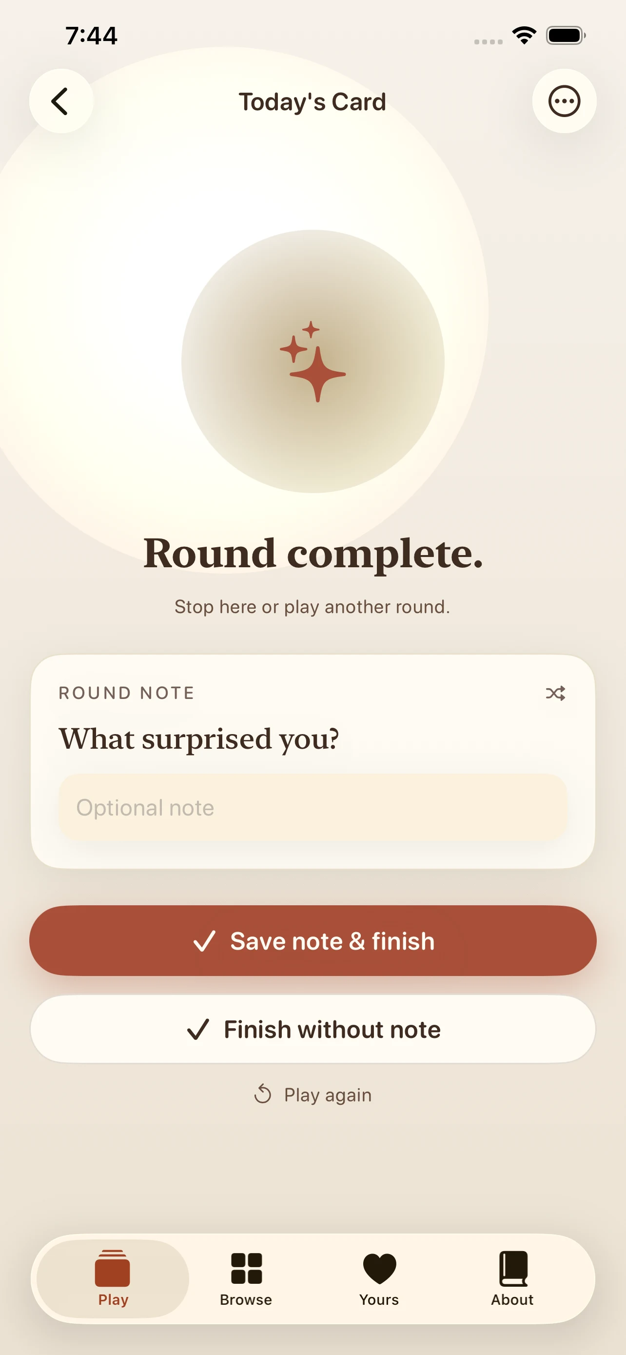 Us Again finished-round summary screen with an optional private note and replay actions.