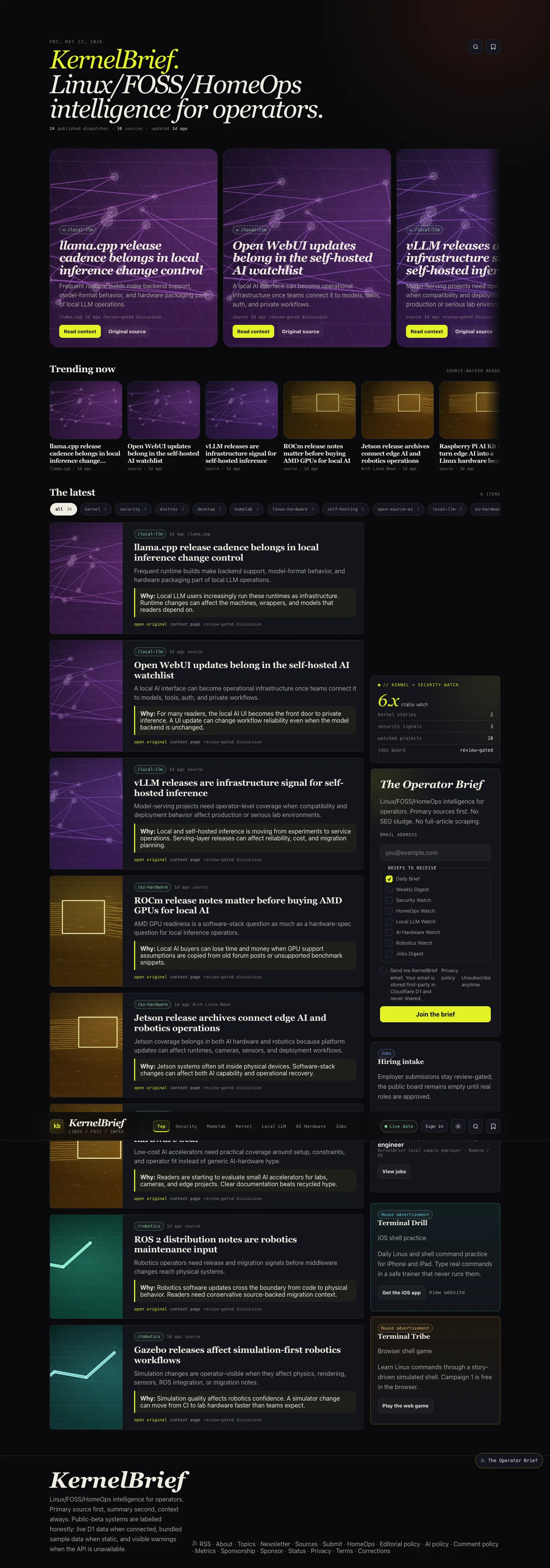 KernelBrief early draft homepage with Linux/FOSS/HomeOps brief layout and story list.