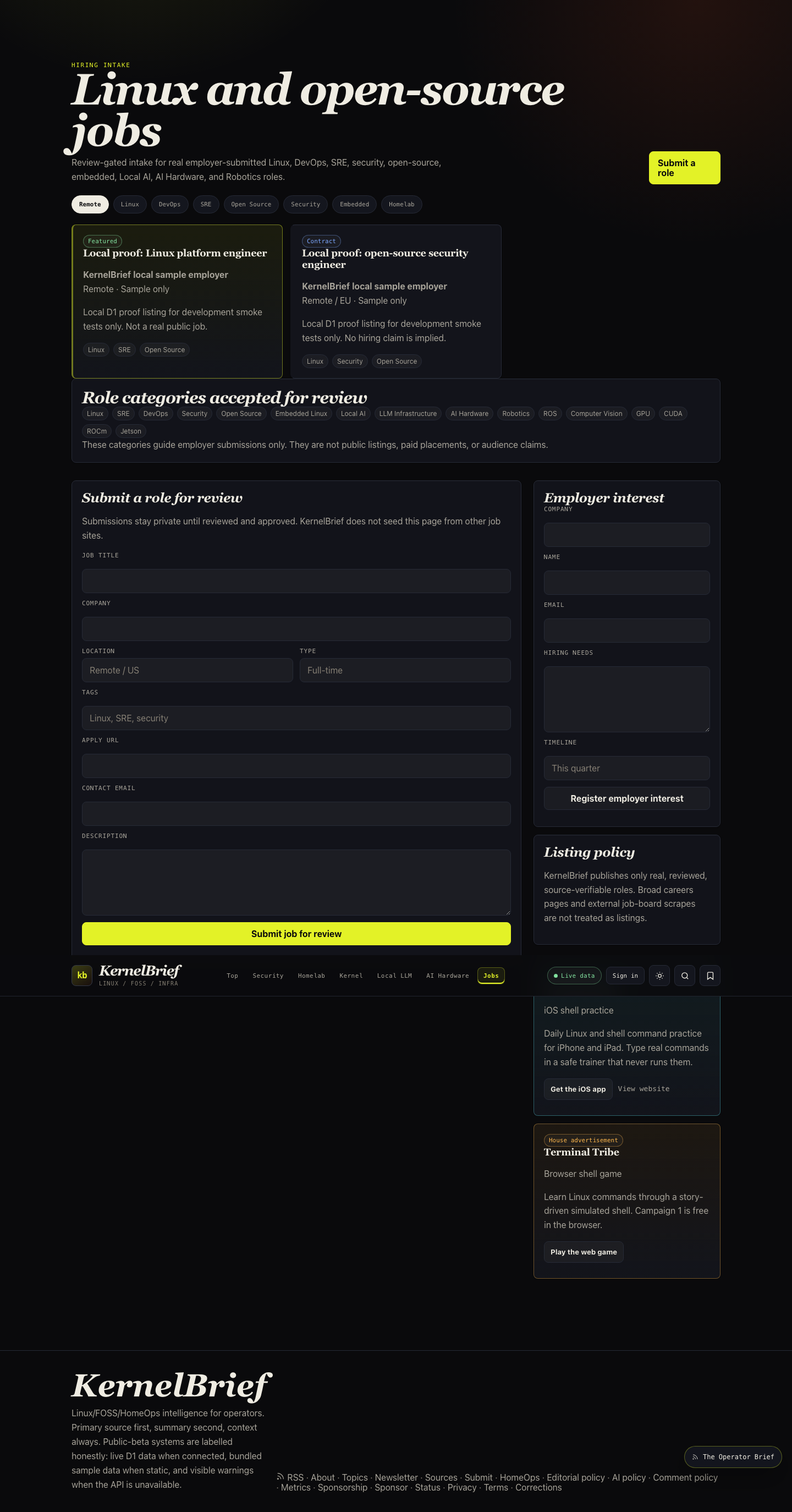 KernelBrief early draft jobs page for Linux/FOSS/HomeOps readers.