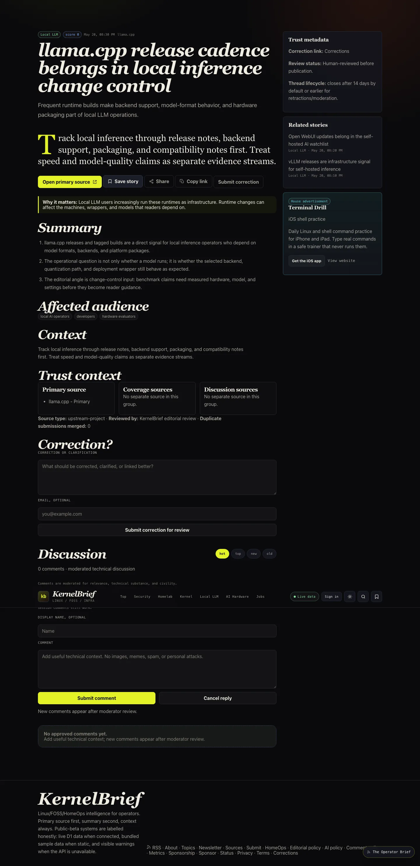 KernelBrief early draft story page with source-backed dispatch layout.