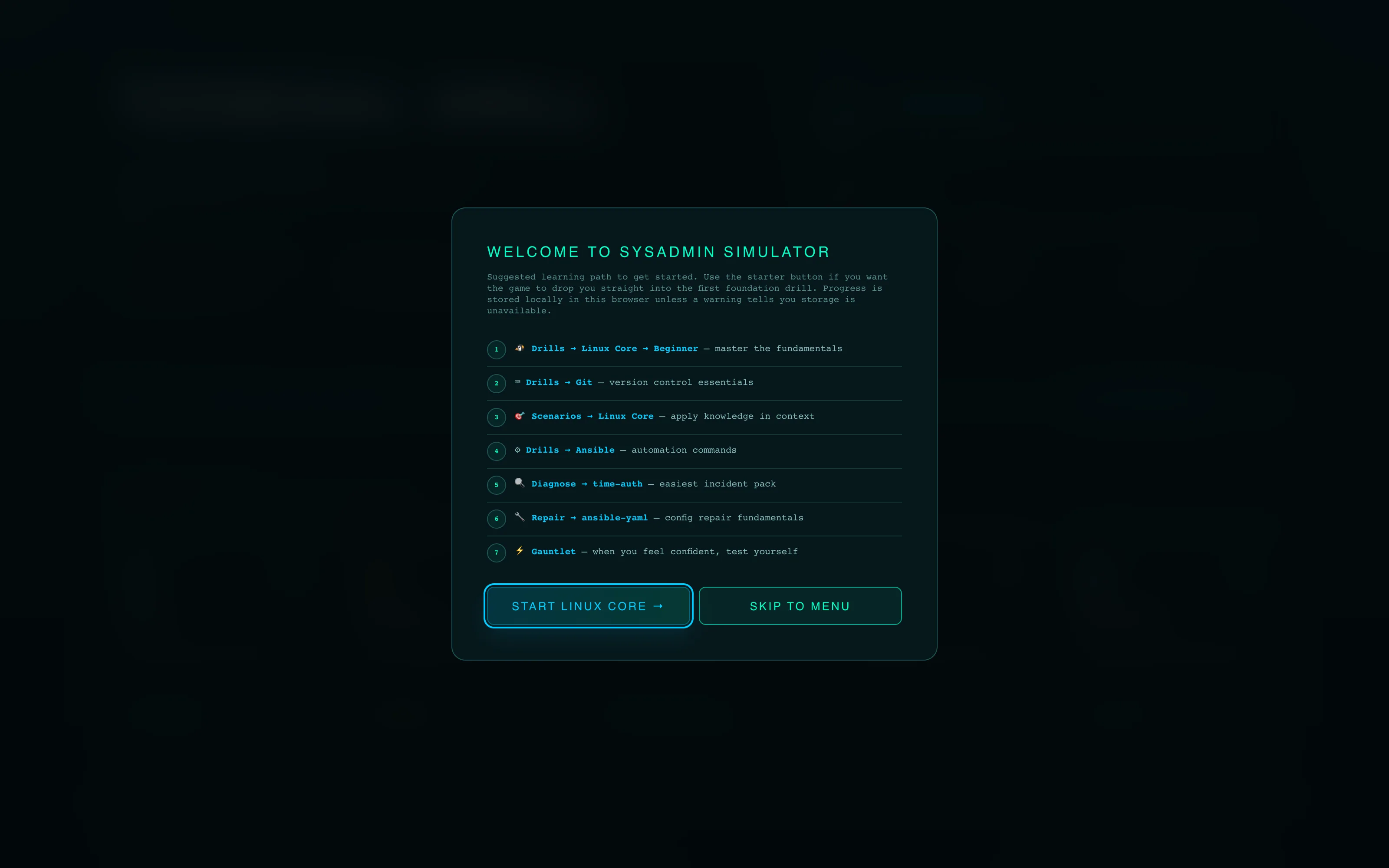 Linux Learning Game welcome screen with a suggested learning path covering Drills, Scenarios, Diagnose, Repair, and the Gauntlet.