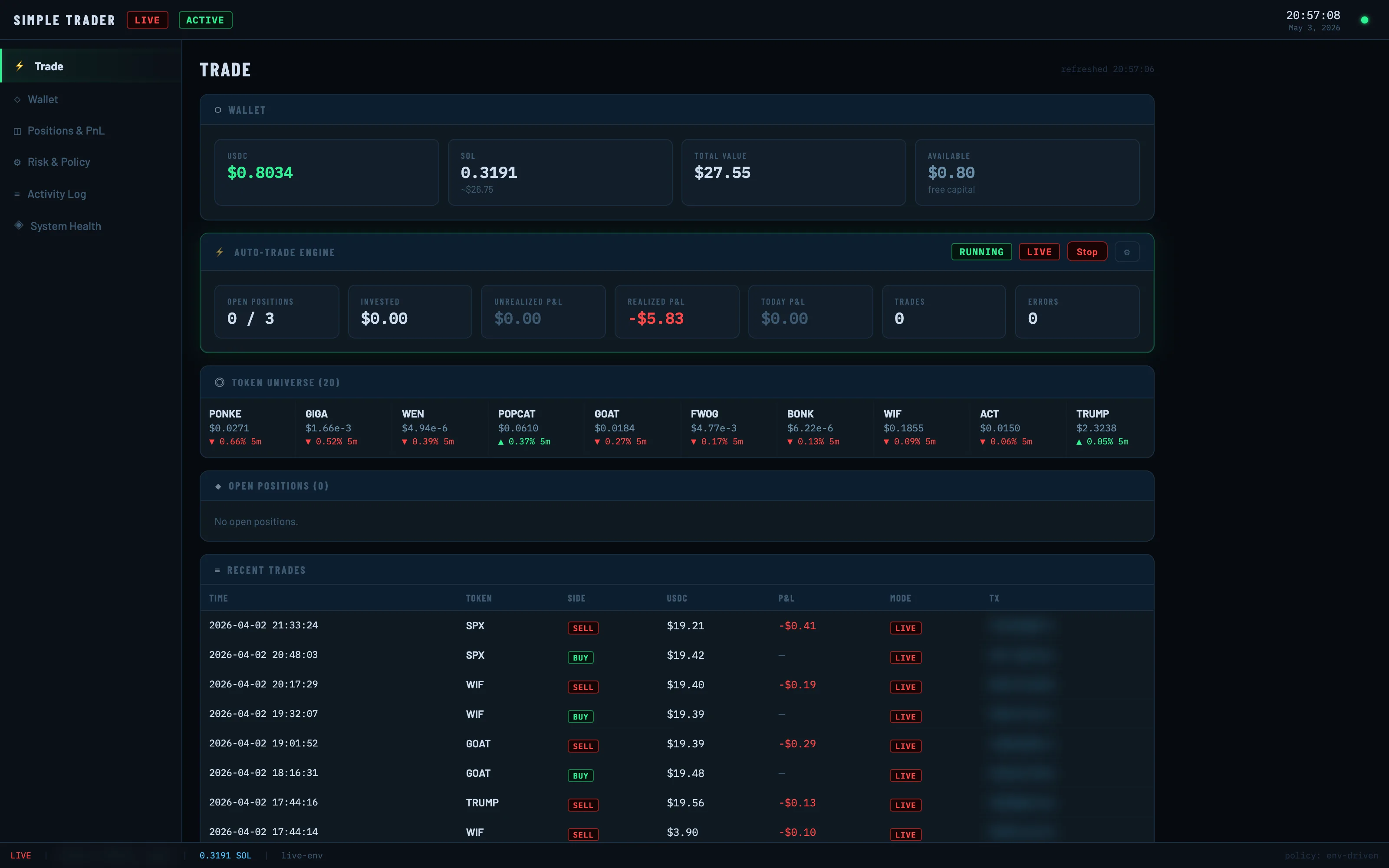 LLM Trader trading console dashboard with wallet balances, auto-trade engine status, token universe, and recent trades.