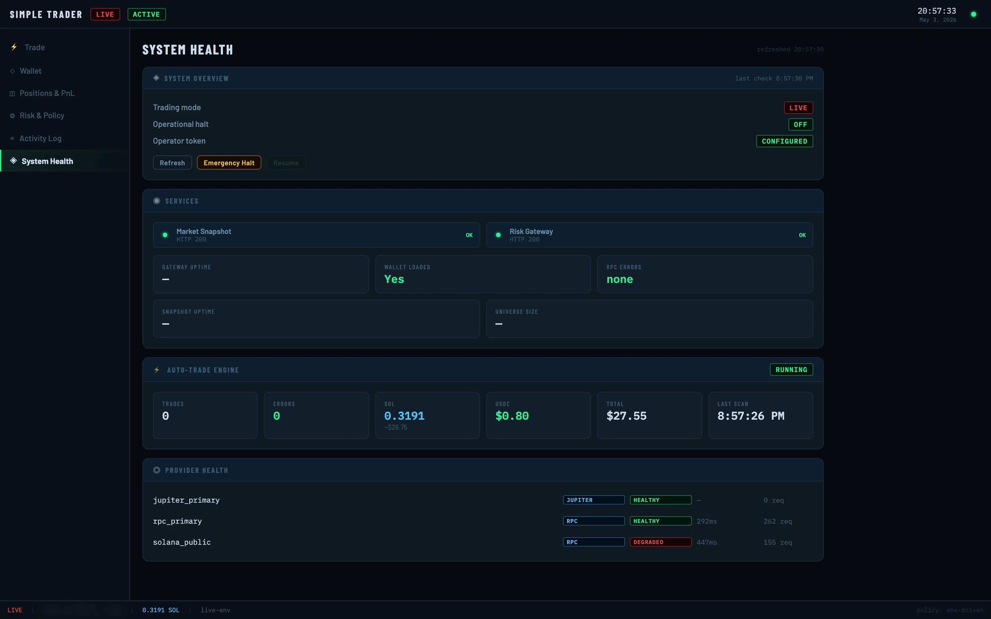 System health page with services status, auto-trade engine state, and per-provider health for Jupiter and RPC endpoints.
