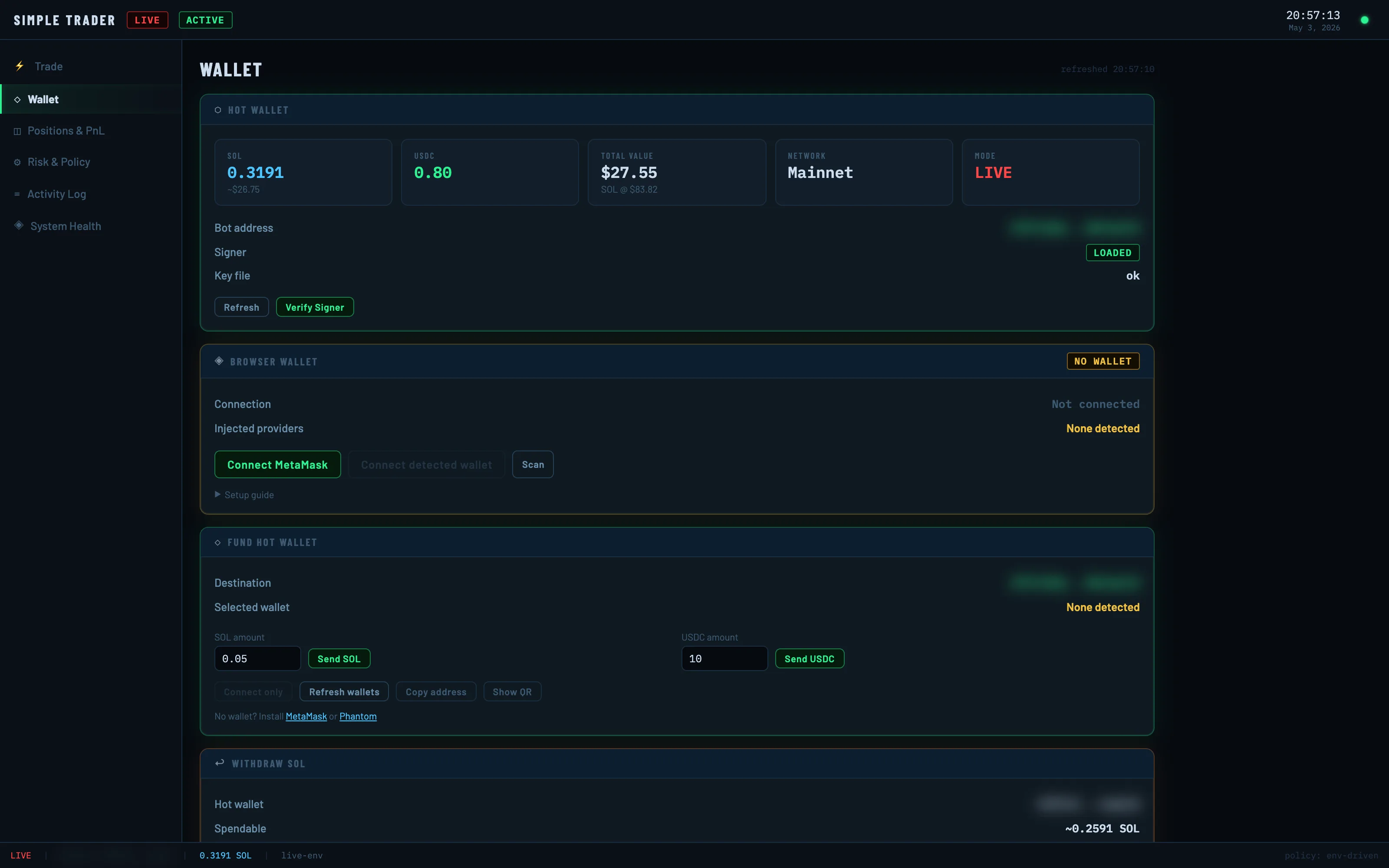 Wallet page with hot wallet balances, browser wallet connection, fund and withdraw flows.