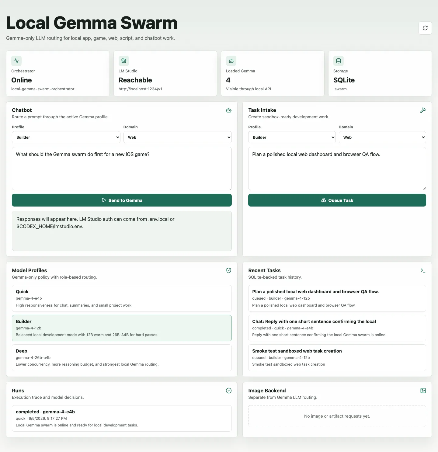Local Swarm dashboard showing operational navigation, task panels, agent runs, and local model status.