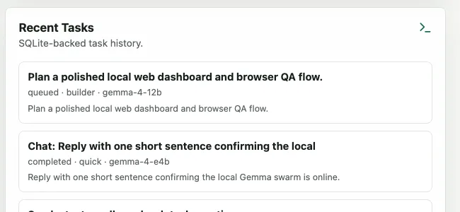 Local Swarm review queue showing manual approval state for agent work.