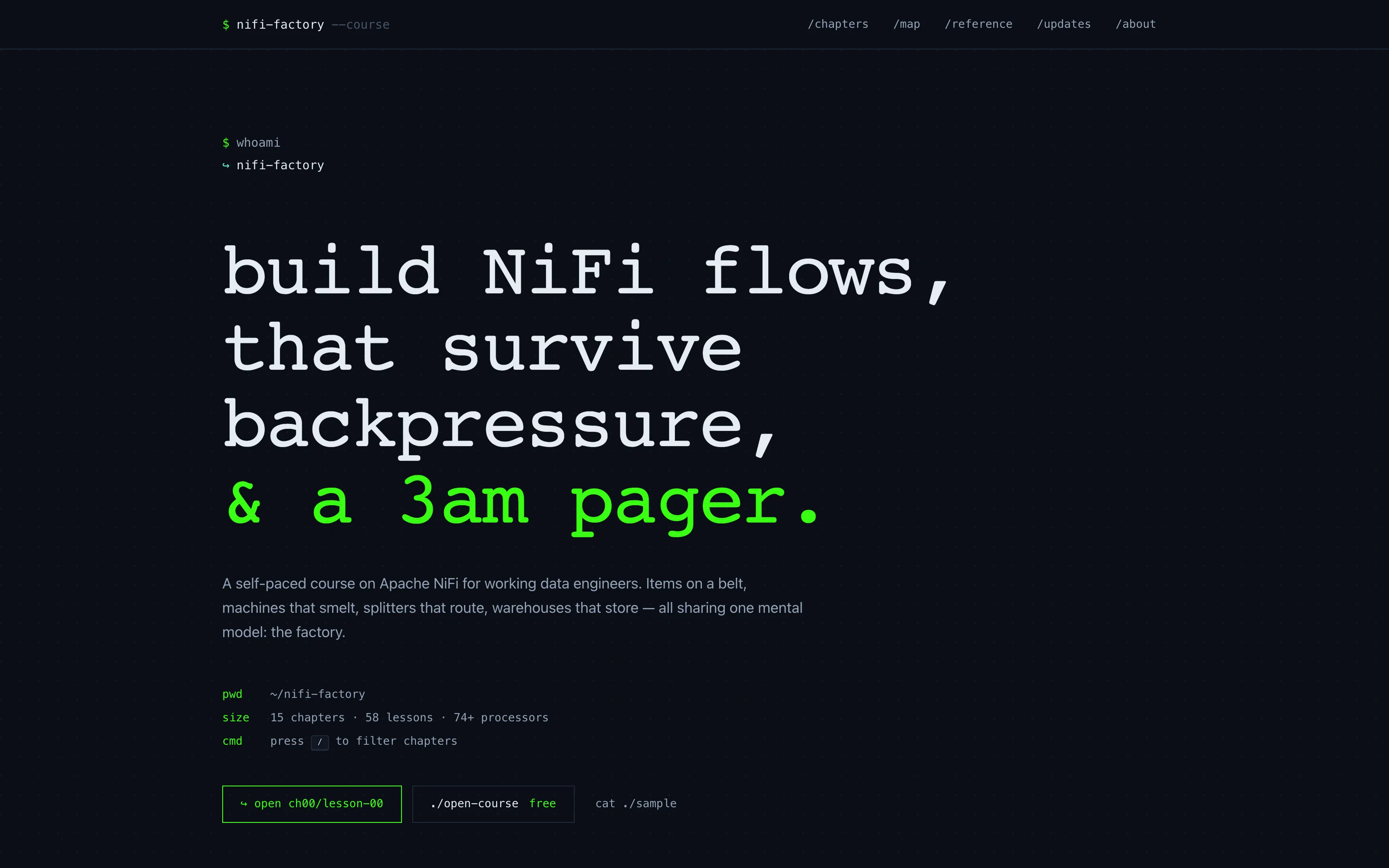 NiFi Factory homepage with terminal-style hero copy and free course actions.