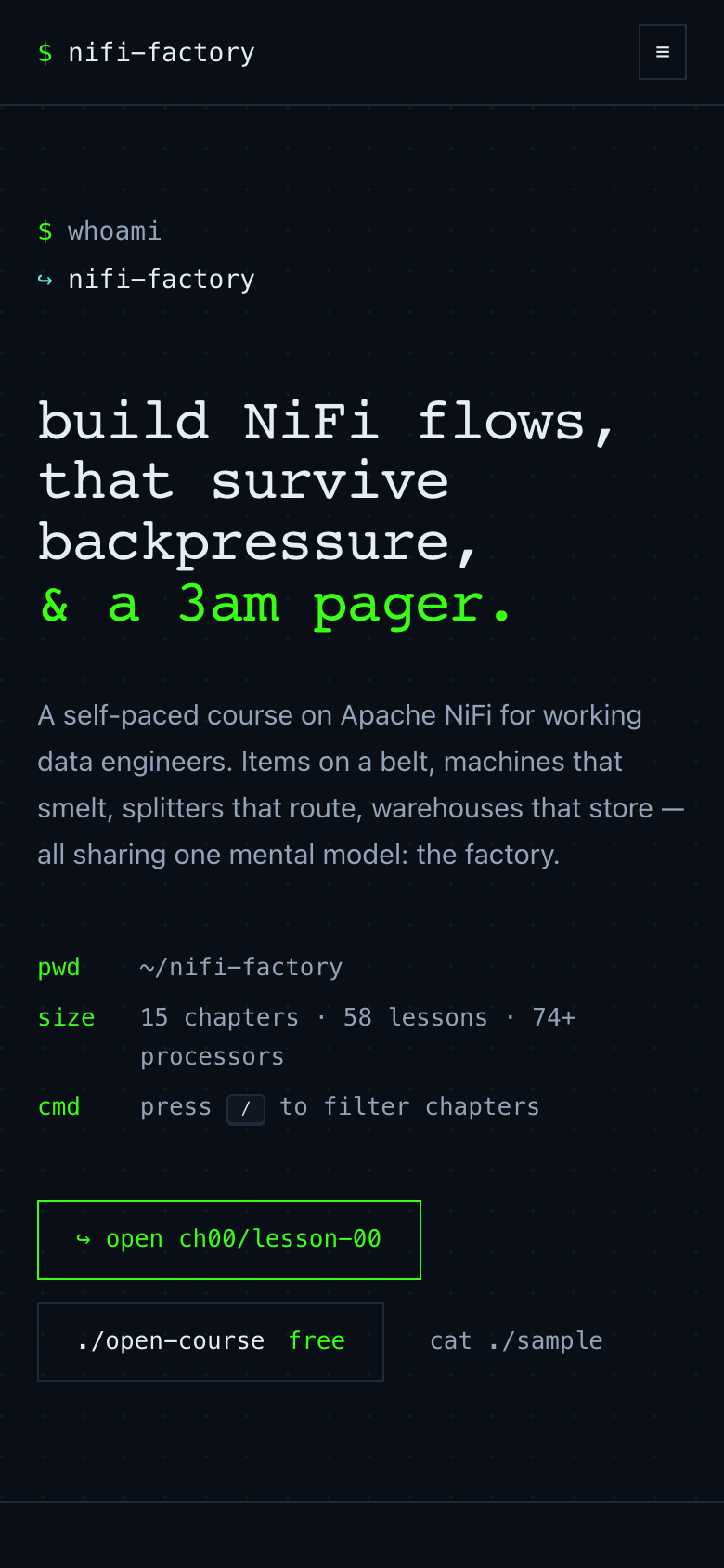 NiFi Factory mobile lesson view with responsive course content.