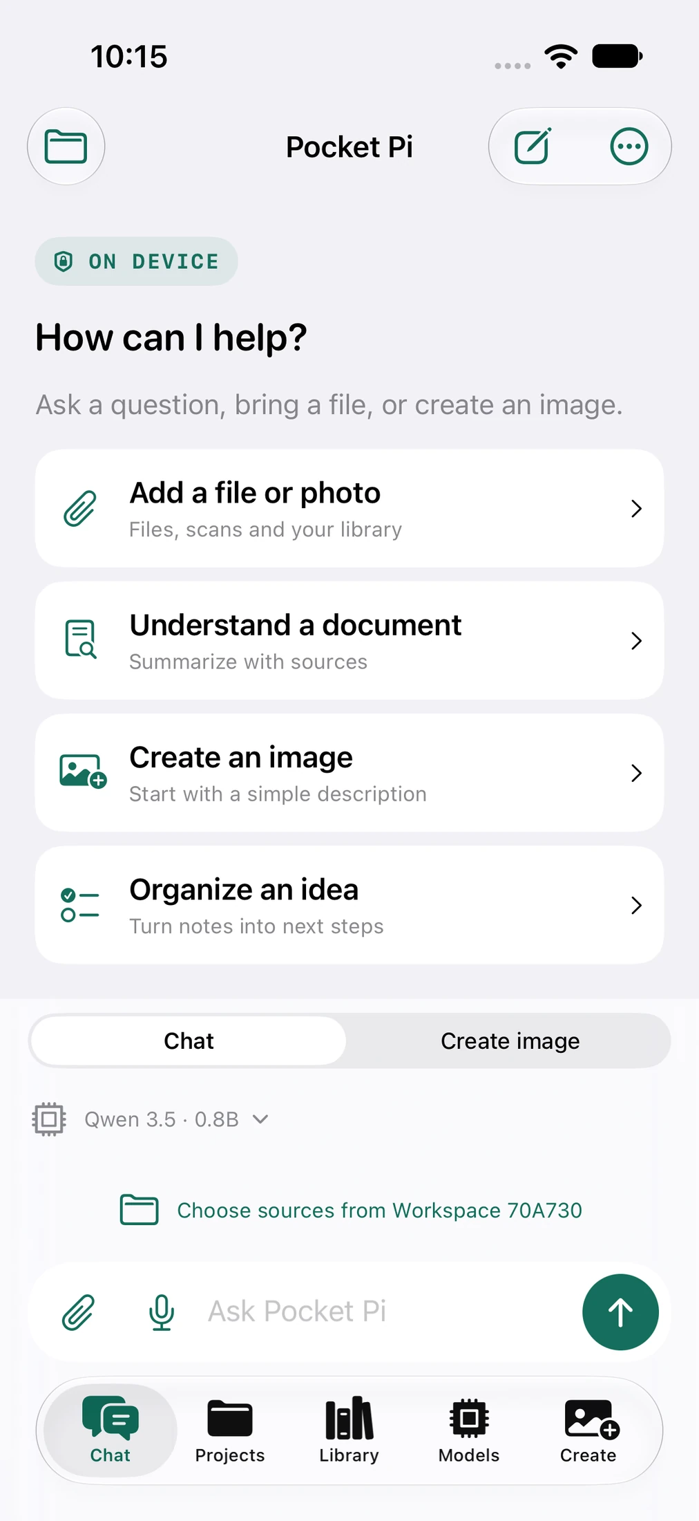 Pocket Pi native iPhone chat screen with file, document, image and idea starters.