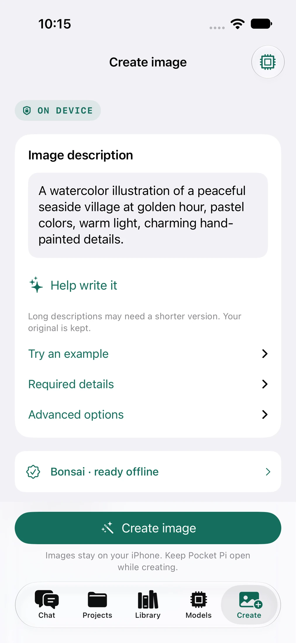 Pocket Pi Create image screen with an editable description, required details, model status and Create image action.
