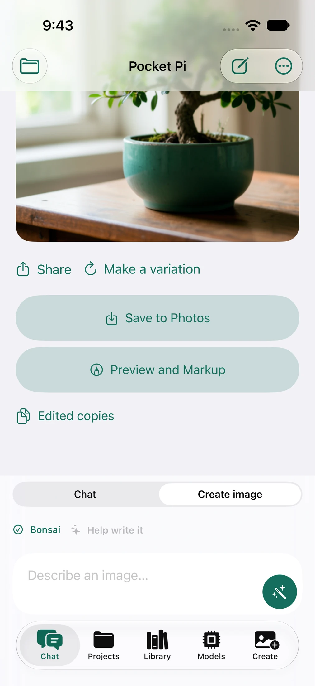 Pocket Pi image answer with Share, Save to Photos, Preview and Markup, and Edited copies actions.