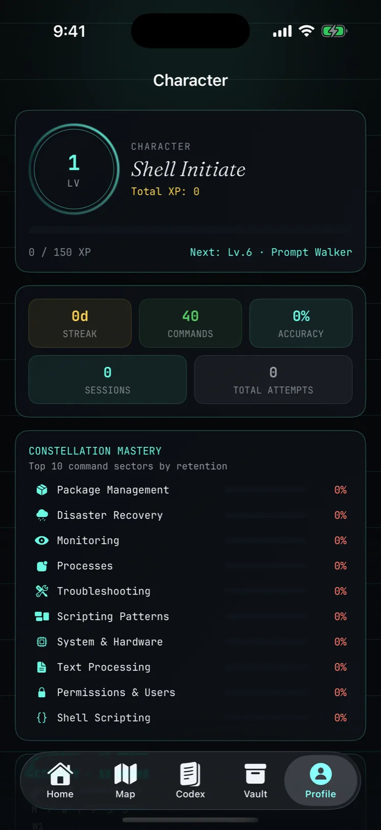 Shell Atlas Character profile with level, XP, streak, command count, accuracy, and Constellation Mastery breakdown.
