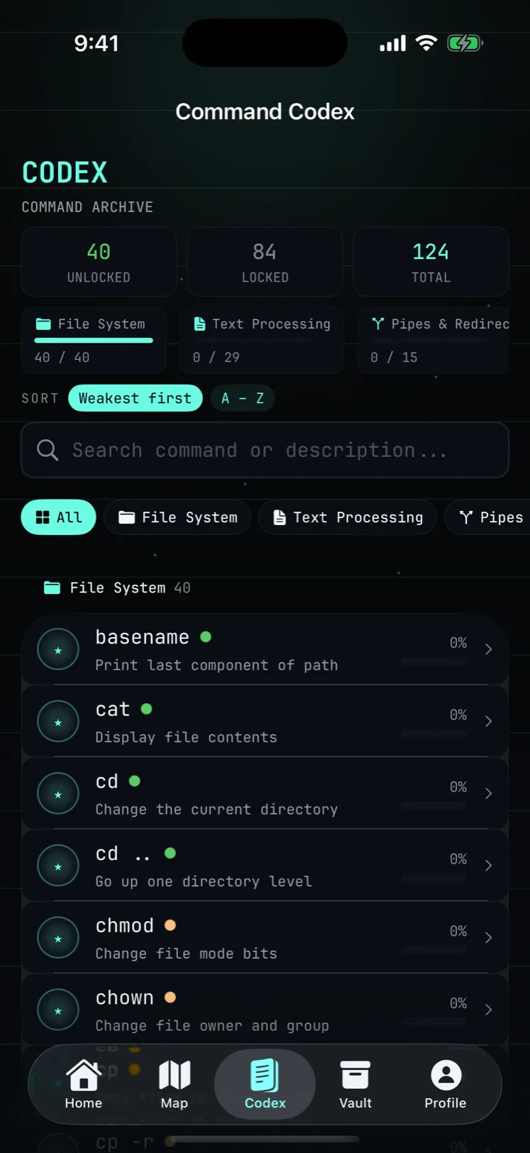 Shell Atlas Command Codex with mastery filters, search, and the file-system module open.