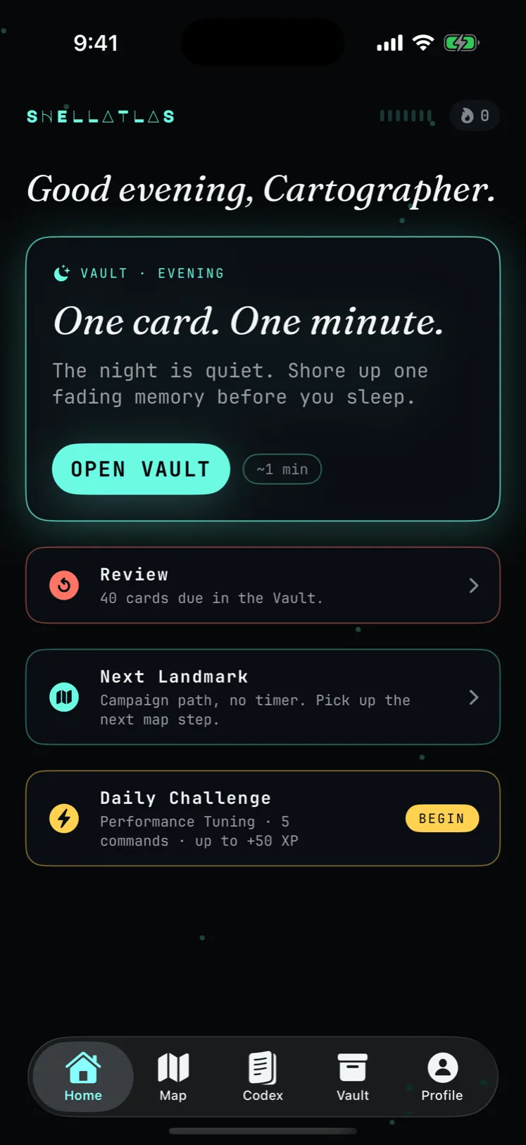 Shell Atlas home screen — "Good evening, Cartographer" with Vault, Review, Next Landmark, and Daily Challenge cards.