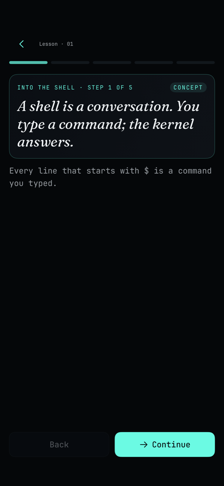 Shell Atlas lesson screen explaining a terminal concept in the campaign interface.