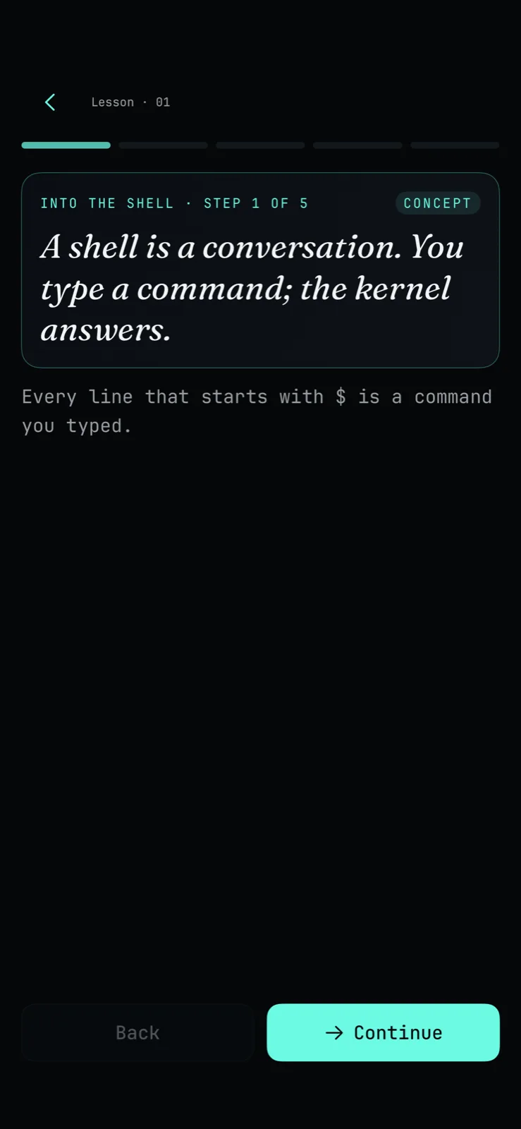 Shell Atlas lesson screen explaining a terminal concept in the campaign interface.